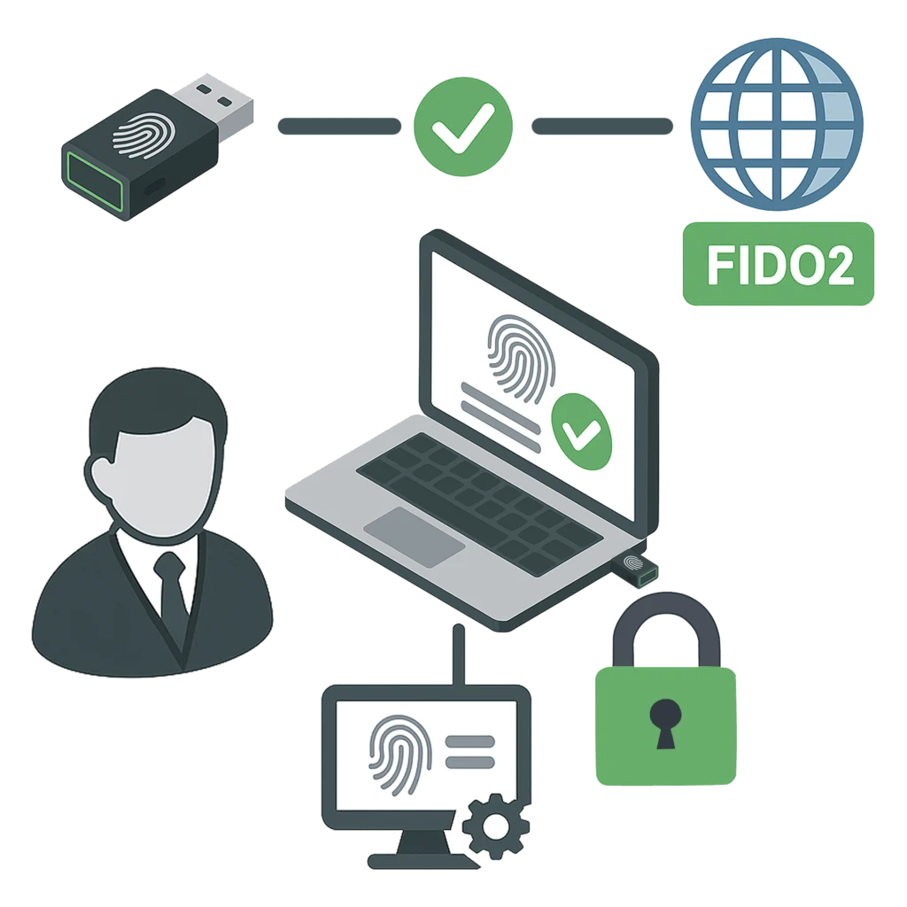 FIDO2対応のUSB認証キーと指紋認証によって安全にログインする流れを示した図